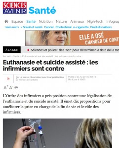 Euthanasie et suicide assisté : les infirmiers sont contre (Science et Avenir Sante, 24 décembre 2013)